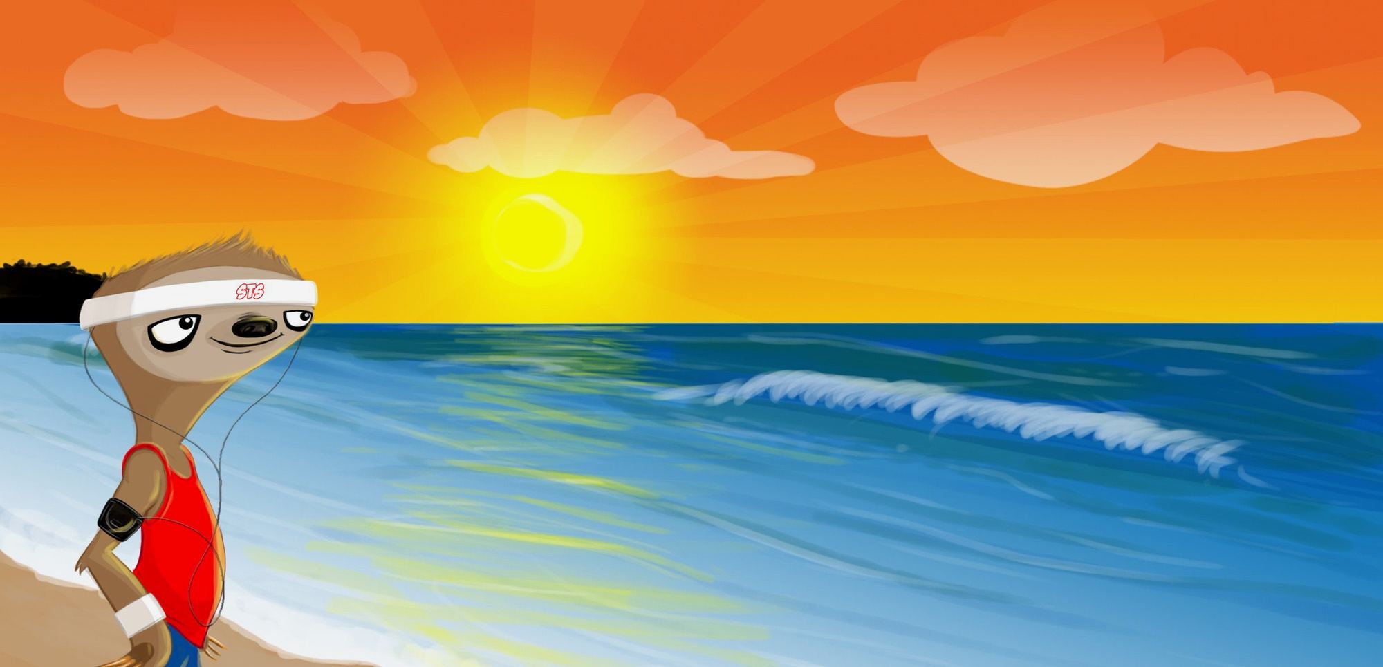Derek the sloth, wearing an STS headband, standing on a beach at sunset